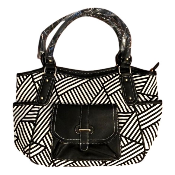 Black / White Geometric Design Shoulder Bag w/ End Pockets & Flap Front - New - Picture 1 of 5